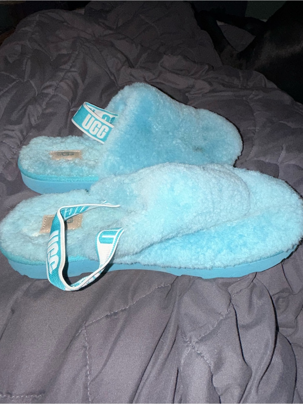UGG Women's Sky Blue Fluffy Slide Sandals with Branded Heel Strap